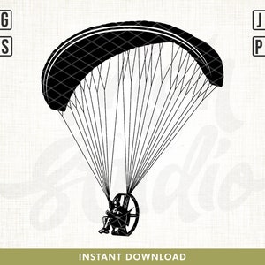 May include: Black and white silhouette of a person paragliding. The paraglider is open and the person is sitting in a harness.