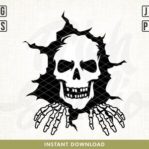 May include: A black and white illustration of a skull with two skeletal hands reaching out from behind it. The skull is peeking out of a hole in a wall.