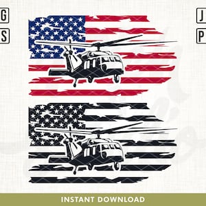 May include: Two black silhouettes of helicopters flying over a distressed American flag. The top flag is red, white, and blue. The bottom flag is black and white.