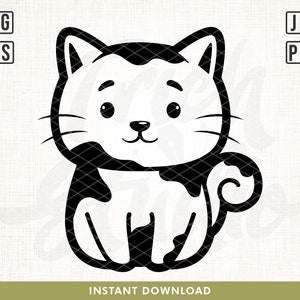 May include: Black and white cartoon illustration of a cat sitting with its tail curled around its legs. The cat has large eyes and a friendly expression.