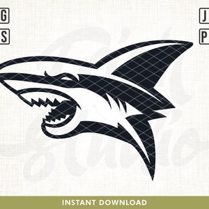 May include: Black and white vector illustration of a shark's head with an open mouth and sharp teeth. The shark is facing left and has a fin on its back.