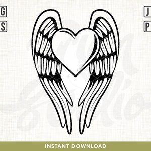 May include: Black and white illustration of a heart with angel wings. The heart is in the center of the image and the wings are spread out on either side.