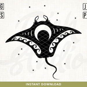 May include: Black silhouette of a manta ray with a stylized wave pattern on its body. The manta ray is surrounded by small white stars.
