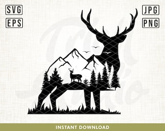 Deer Hunter Svg, Antler Svg, Hunting Deer Svg, Outdoor Hunting svg, Forest hunting svg, Nature deer svg, mountains svg, trees svg, cut file