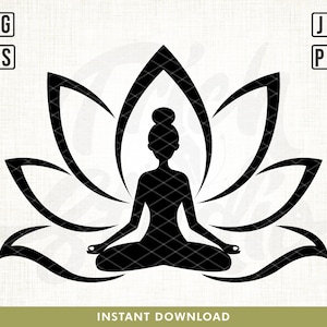 May include: Black and white silhouette of a person sitting in a lotus position with a bun in their hair, inside a stylized lotus flower.