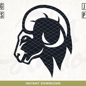 Può includere: Silhouette in bianco e nero di una testa di ariete con le corna. L'ariete è rivolto a sinistra e ha un viso dettagliato.