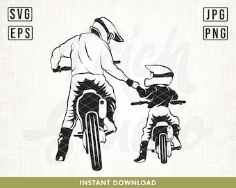 Peut inclure: Illustration en noir et blanc d'un père et de son fils conduisant des motos tout-terrain. Le père est devant et le fils est derrière lui. Ils portent tous les deux des casques et des lunettes.