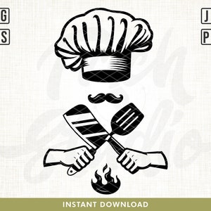 Puede incluir: Ilustración en blanco y negro de un gorro de chef, un bigote, una espátula y un cuchillo cruzados y una llama. La imagen es un diseño gráfico para un proyecto con temática de chef o cocina.