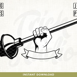 May include: Black and white illustration of a fist holding a plunger with a banner below. The banner is blank and can be customized with text.