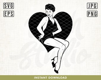 Pinup Girl with Heart Svg, Retro Pinup Girl Svg, Retro woman svg, Woman svg, Heart Pinup svg, Vintage pinup girl svg, vintage woman svg, png
