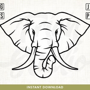 Puede incluir: Un dibujo en blanco y negro de la cabeza de un elefante. El elefante está de frente con la trompa enroscada. Los ojos del elefante son grandes y redondos.