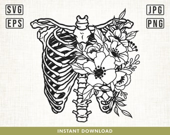Rib Cage Floral Svg, Ribcage Flowers svg, Skeleton Flower Svg, ribs svg, Skeleton Ribs floral svg, Bones Svg, Floral rib cage Cutting Files