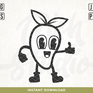 May include: Black and white cartoon illustration of a mango with a smiling face, wearing boots and giving a thumbs up.
