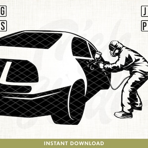 May include: Black and white illustration of a person in a protective suit painting a car with a spray gun. The person is wearing a mask and gloves. The car is a sedan with a rear view.