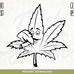 May include: Black and white line art illustration of a marijuana leaf with a smiling face holding a joint.