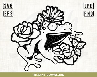 Archivo SVG de sapo floral, SVG de rana, clipart de rana, SVG de rana floral, SVG de rana con flores, SVG de sapo de estanque, archivos para Cricut, archivos de corte, png, SVG