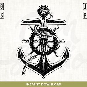 Peut inclure: Illustration en noir et blanc d'une ancre avec une roue de navire enroulée autour d'elle. L'ancre est un symbole nautique d'espoir et de sécurité.