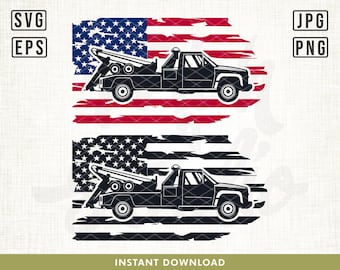 May include: Two black silhouette tow trucks are shown in front of a distressed American flag. The top image features a red, white, and blue flag. The bottom image features a black and white flag.
