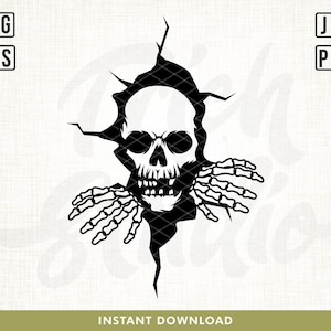 May include: A black and white illustration of a skull breaking through a cracked wall with skeletal hands reaching out from the opening.