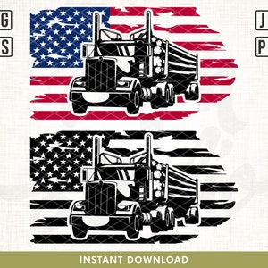 May include: Black and white illustration of a semi-truck superimposed over a distressed American flag design. The image includes the text "SVG", "EPS", "JPG", "PNG", and "INSTANT DOWNLOAD".