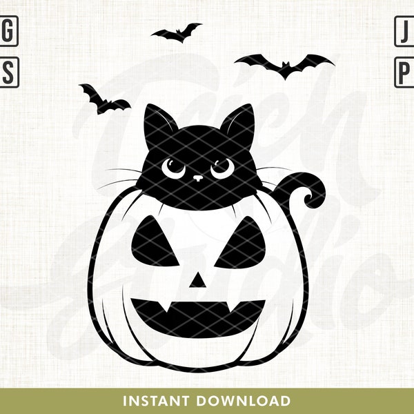 Halloween Cat Svg File, Cute Cat on Halloween pumpkin, Cat Svg, Pumpkin face svg, Cute Cat svg, Pumpkin svg, Halloween shirt, Silhouette,png