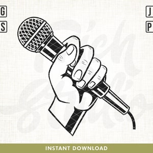 May include: A black and white illustration of a hand holding a microphone. The microphone has a wire attached to it.