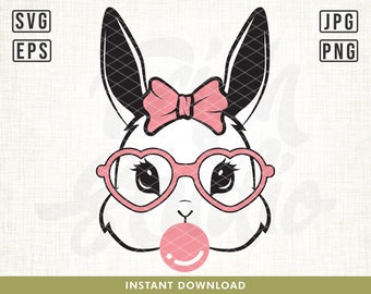 Cute Bunny Rabbit With Bandana Glasses Bubblegum, Bunny with Heart Glasses svg, Bunny svg, Rabbit Bandana Glasses Bubblegum svg, cut file