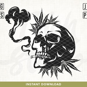 Puede incluir: Ilustración en blanco y negro de una calavera fumando un cigarrillo con hojas de marihuana alrededor.