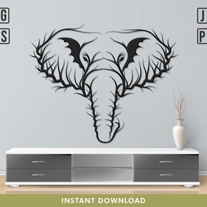 May include: Black silhouette of an elephant's head with branches forming the outline. The image is on a gray wall with a white entertainment center below. The text "INSTANT DOWNLOAD" is at the bottom of the image.
