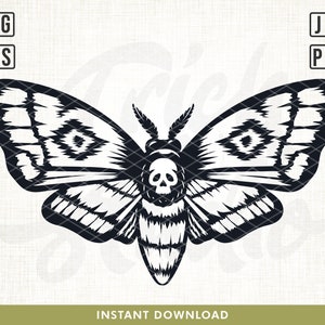 May include: Black and white illustration of a moth with a skull on its head. The moth has large, detailed wings.