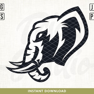 May include: Black and white silhouette of an elephant's head with a detailed design. The elephant's head is facing the right side of the image. The elephant's trunk is curled up and the ear is large and pointed.