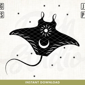 May include: Black graphic of a manta ray with a sun and crescent moon design. The ray is surrounded by stars. The image includes the text "INSTANT DOWNLOAD" and file type indicators: SVG, EPS, JPG, and PNG.