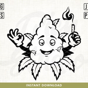 May include: Black and white cartoon illustration of a marijuana bud with a smiling face, holding a lit joint and giving a peace sign.