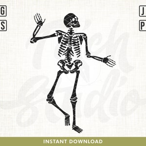 May include: A black silhouette of a skeleton dancing with one arm raised and the other extended to the side.