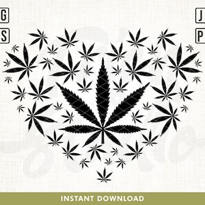 May include: Black and white silhouette of a heart shape made of marijuana leaves. The largest leaf is in the center of the heart and the smaller leaves surround it.