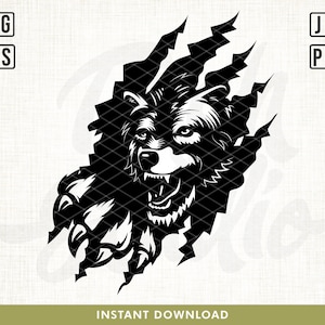 Puede incluir: Silueta en blanco y negro de la cabeza y la pata de un oso que emerge de un fondo rasgado. El oso gruñe con la boca abierta y los dientes visibles.