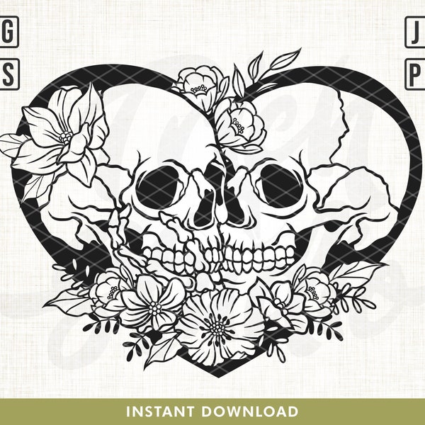 Skull Lovers Svg, Heart Skull svg, Skull Svg, Floral Skull Svg, Lovers Svg, Skull Cut Files, Skull Png, Skull Clipart, Skull Shirt, cut file