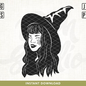 May include: Black and white illustration of a witch with a pointed hat and a spiderweb on her face.