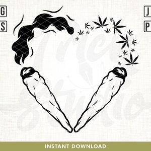 May include: Black and white illustration of two marijuana joints forming a heart shape with marijuana leaves floating around them.