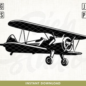 May include: Black and white biplane illustration. The vintage aircraft features a propeller, two wings, and a detailed body. The image includes the text "INSTANT DOWNLOAD" at the bottom and file type indicators in the top corners.