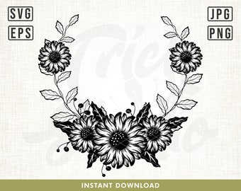 Sunflower Wreath Svg, Floral Svg, Sunflower Clipart, Flower Svg, Sunflower Vector, Wreath svg, Floral Wreath svg, flower svg Cut File Cricut