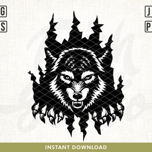 Puede incluir: Una silueta en blanco y negro de la cabeza de un lobo que emerge de una abertura irregular y rasgada. Los ojos del lobo están muy abiertos y sus dientes están descubiertos en un gruñido amenazante.