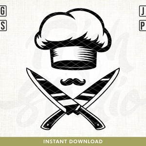 Puede incluir: Ilustración en blanco y negro de un gorro de chef con cuchillos cruzados y un bigote debajo. La imagen está sobre un fondo blanco con una textura de lino sutil.