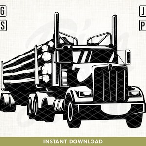May include: Black and white silhouette of a semi-truck hauling logs. The truck has a large cab and a long trailer. The logs are stacked high in the trailer.