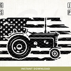 May include: Black and white silhouette of a tractor driving across a distressed American flag. The tractor has a large front tire and a smaller back tire. The flag is tattered and worn, with some of the stars missing.