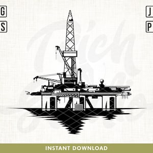 May include: Black and white silhouette of an offshore oil rig with a tall drilling tower and a platform with multiple legs. The rig is reflected in the water below.