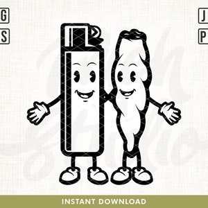 May include: Black and white cartoon illustration of a lighter and a joint, both with smiling faces and arms and legs. The lighter is holding the joint's hand.