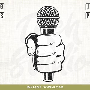 May include: A black and white illustration of a hand holding a microphone. The microphone has a grid pattern on the top and a long, thin handle.