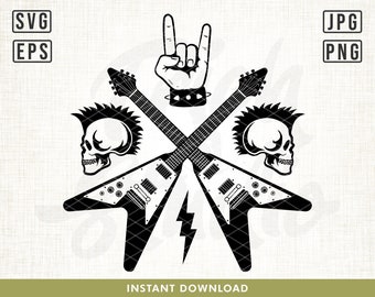 Rock and Roll SVG, Rock And Roll Music SVG, Guitare SVG, Rock signe de la main SVG, Rocker SVG, Heavy Metal SVG, Groupe de rock svg, Musique rock svg, png