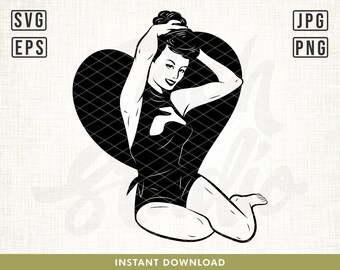 Pinup Girl with Heart Svg, Retro Pinup Girl Svg, Retro woman svg, Woman svg, Heart Pinup svg, Vintage pinup girl svg, vintage woman svg, png